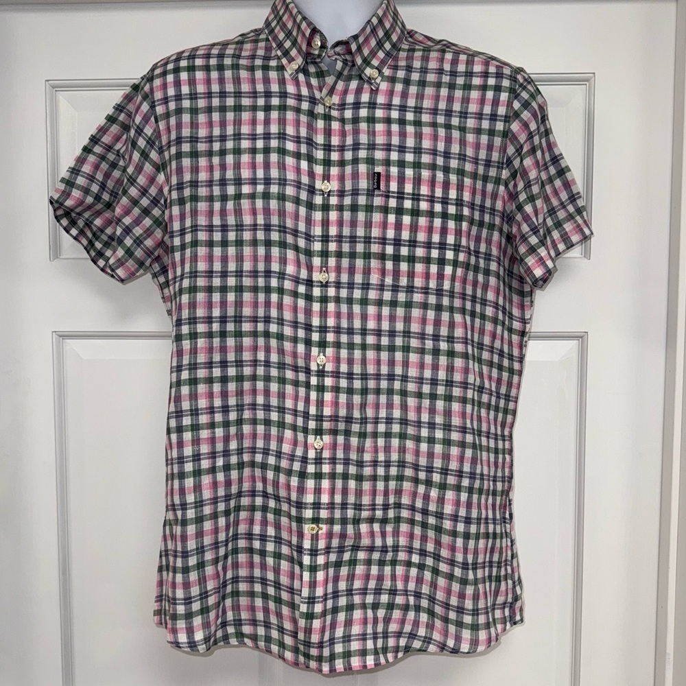 Barbour Linen Leon S/S Shirt Men’s Small Tailored Fit Pink Green Plaid Button